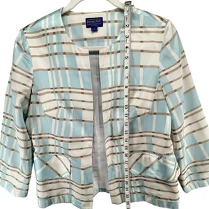 Pendleton Silk Blend Blazer Jacket 4 Blue Tan White Plaid Open Preppy‎ Summer thumbnail 9