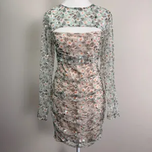 Selfie Leslie First Class Floral Ruched‎ Mesh Cutout Long Sleeve Mini Dress Med. thumbnail 3