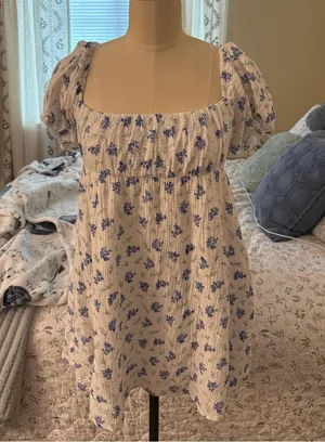 Princess Polly White Mini Cottage Core Dress with Blue Floral Print thumbnail 1