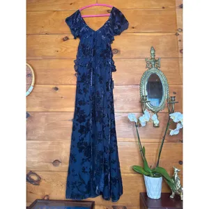 NWT Lulus Romantic Wonder Navy Burnout Velvet Ruffled Tie-Back Maxi Dress Size S thumbnail 2
