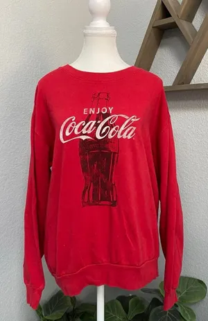 Coca Cola Bottle Graphic Long Sleeve Crewneck Red Sweatshirt Casual Cozy Holiday thumbnail 1