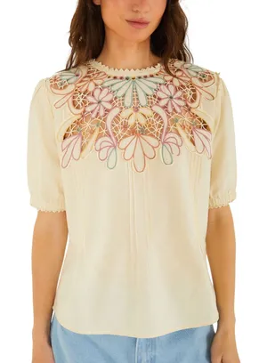 FARM RIO Beige Flower Embroidery Short Sleeve Blouse Size Large MSRP $248 SOO thumbnail 1