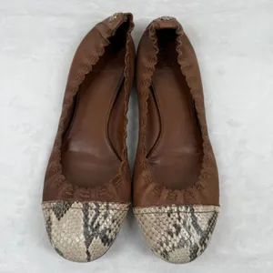 Tory Burch Leather Scalloped Ballet Flats‎ Snakeskin Cap Toe Logo 7.5 READ thumbnail 2