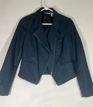 DKNY Jeans Asymmetrical Zip Jacket‎ Women Petite S Navy Moto Crop Biker Modern thumbnail 1