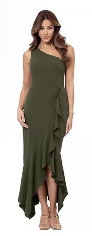 XSCAPE One Shoulder Asymmetric Hem Gown STYLE: 4840X Olive Green Sz 12 NWT $239 thumbnail 1