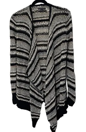 American Eagle Cardigan Sweater Women's S Crochet Open Front Black White Stripes thumbnail 1