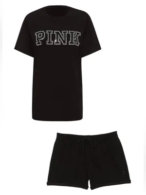 PINK Victoria's Secret Black Bling Diamanté Logo Campus Tee & Fleece Shorts L thumbnail 6