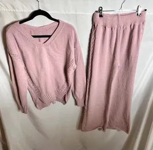 Source Unknown Pink Knit Pants Set L Cable Trim V Neck Sweater Matching Lounge Cozy Soft thumbnail 1