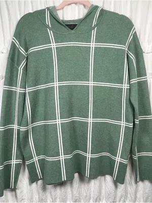 Rachel Roy Sweater Medium Plaid Knit Hoodie Green White Women's Soft Cozy thumbnail 1