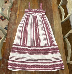 Maggy London Womens Size 6 Maxi Dress White Burgundy Stripe Embroidered Sundress thumbnail 1
