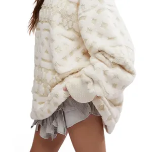 NWOT Free People Cable Knit Faux Fur Oversized Sweatshirt | Ivory Cream Sz Small thumbnail 2