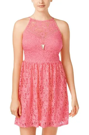 NWT City Studios Juniors Lace Halter Fit & Flare Dress Pink 11 thumbnail 1