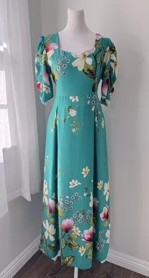Minh Phuong Teal Floral Print Sweetheart Neckline Half Sleeve Maxi Dress thumbnail 1