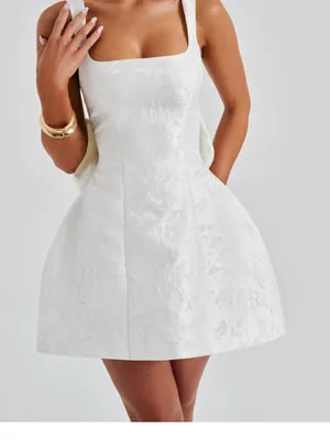 Babyboo Orla Mini Dress - Ivory. Square-Neck White Jacquard A-Line Wedding Dress thumbnail 1