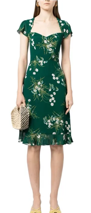 Reformation Rosi Dress Green Floral Short Sleeve Sweetheart Neck 8 in Buena thumbnail 1