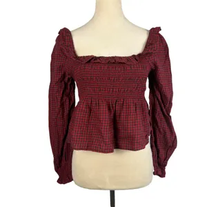 New American Eagle Long-Sleeve‎ Smocked Ruffle Plaid Top Red Gingham Women Small thumbnail 2