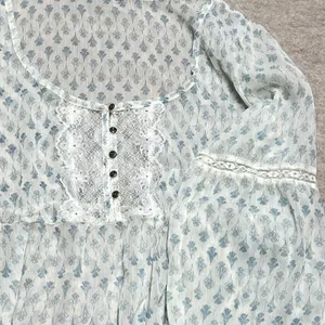 Boho Cottagecore Prairie Fairy Floral Lace‎ Trim Babydoll Blouse Sheer EUC thumbnail 2