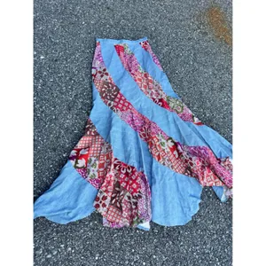 70s Vintage Spiral Patchwork Maxi Skirt Blue Denim Boho Floral Red Pink 23 Waist thumbnail 3