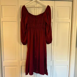 Amazon Satin red tie bust puff sleeve milkmaid midi dress M thumbnail 3