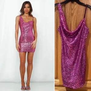 Hello Molly Citadel Skies Cowl Neck Deep Open Back Sequin Mini Dress Pink Size 2 thumbnail 2