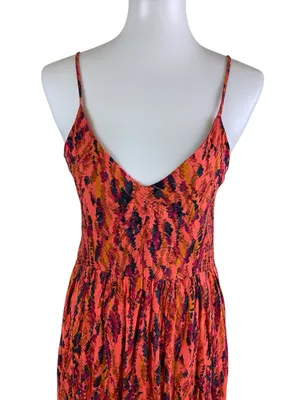 Peyton Jensen Orange Abstract‎ Print Midi Dress Spaghetti Strap Smocked Waist S thumbnail 2