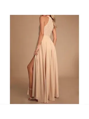 NWT Lulus Picture Perfect Blush Lace Halter Neck Side Slit Maxi Dress - Size: XL thumbnail 7