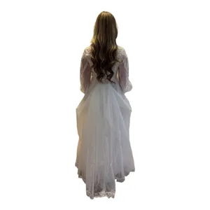 Vintage 1960s Lace Illusion High Neck Bridal Wedding Gown w/ Train XS thumbnail 12