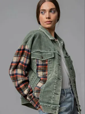 Easel Plaid Panel Contrast Corduroy Trucker Jacket Sage Green Medium thumbnail 1