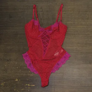 NWT INC International Concepts Floral Mesh Thong Bodysuit Crimson Leaf Red L thumbnail 4