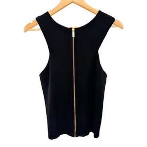 Milly Angled Rib Stretch Flare Shell Black‎ Sleeveless Zip Back Knit Top NWT L thumbnail 4