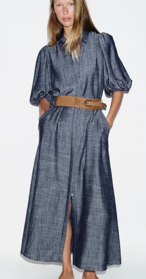 ZARA Blue Puff-Sleeve Maxi Shirt Dress with Belt thumbnail 1