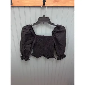 Zara Black Smocked Puff Sleeve Crop Top‎ Square Neck Ruffle Hem Women XS thumbnail 3
