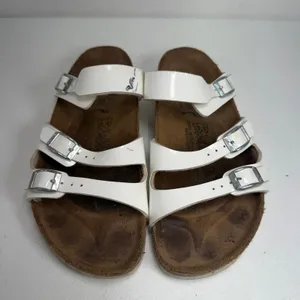 Birkenstock Birki's 39 L8 Sandals Florida Birko-Flor White Patent Triple Strap Slide Germany thumbnail 6