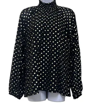 Yumi‎ Kim Black Gold Polka Dot Lexington Top High Ruched Neck Long Sleeve Office thumbnail 1