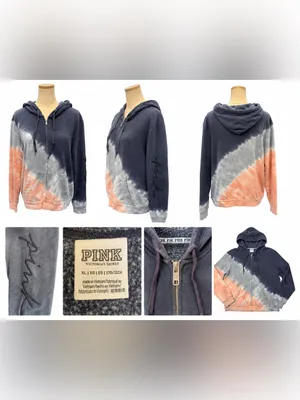 PINK Victoria’s Secret XL Tie-Dye Full Zip Hoodie Blue Peach Embroidered Sleeve thumbnail 6
