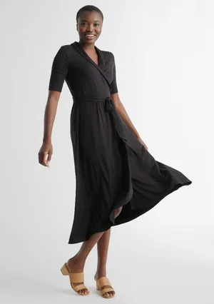 Quince Womens Tencel Jersey Midi Wrap Dress Tie Waist Shawl Collar Black S thumbnail 1