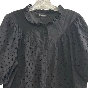 PrettyGarden‎ Women's Black Embroidered Blouse L Long Puff Sleeve thumbnail 2