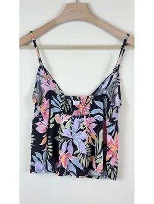 Billabong Carefree Cami Large Black Tropical Floral V Neck Smocked Crop Top NWT thumbnail 5