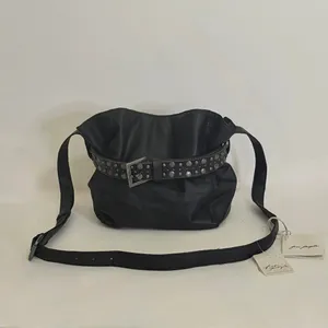 NWT!! FREE PEOPLE Black Leather Embellished Belt Bucket Bag Studded Studs Solid thumbnail 2