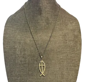 Vintage AB Rhinestone Ichthus Fish Cross Pendant Necklace thumbnail 1