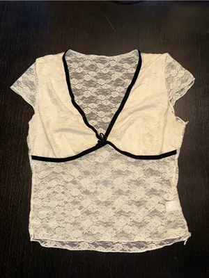 Urban Outfitters Ivory Lace Crop Top with Black Trim thumbnail 2