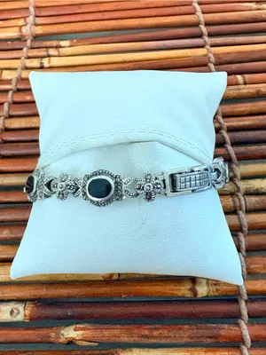 Vintage Marcasite Sterling Silver Floral Bracelet with Black Stones 7” thumbnail 3