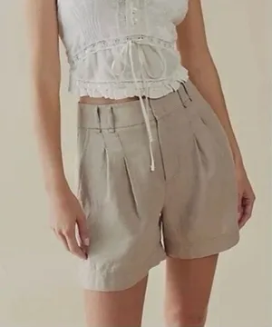Free People Linen Chelsea Pleated Shorts Oatmeal Size 10 High Rise Tailored thumbnail 1