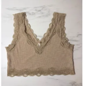 POL Ribbed Lace Trim V-Neck Crop Cami Tank Top Tan YKT1148 Small thumbnail 5