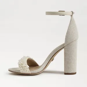 NEW Sam Edelman Sz‎ 8Yaro Perla Open Toe Silk Tweed 4” Dazzling Heels Tan thumbnail 4