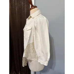 Pilcro Anthropologie XS Shirt Crochet Lace Patchwork‎ Denim Cream Puff Sleeve thumbnail 14