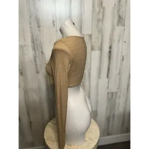 Gold Shimmer Two Piece Set Long Sleeve Crop Top & Mini Skirt Size Large thumbnail 5