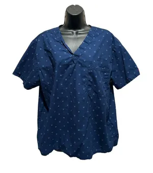 Dickies Scrub Top Navy/Horseshoes Print Short Sleeve V Neck‎ Pockets Size M thumbnail 1