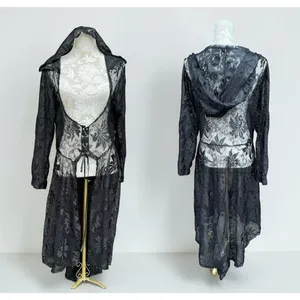 Whimsigoth Witchy Goth Hooded Sheer Lace Maxi Duster Cardigan Black Victorian M thumbnail 3