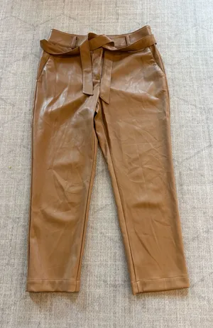 LOFT Cognac Brown Faux Leather Belted Straight Leg Pants Size 12 thumbnail 1